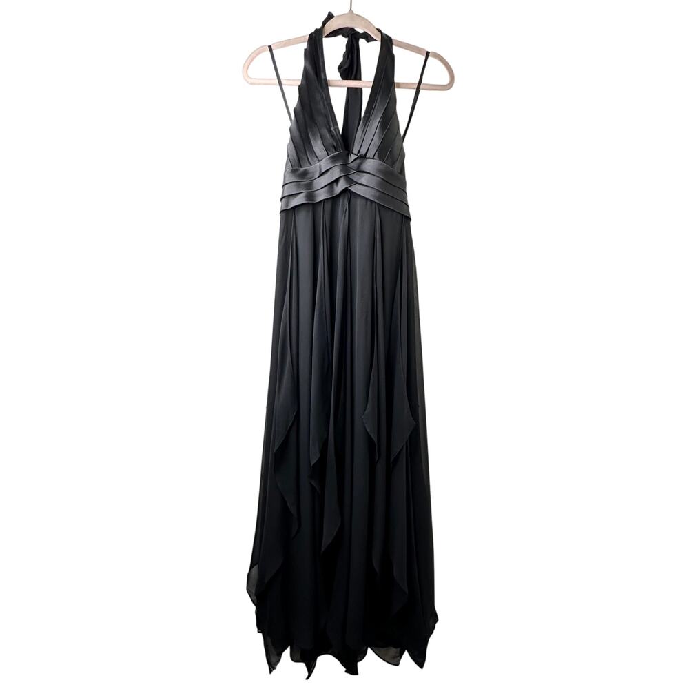 Sz 4 Y2K BCBGMaxAzria Black Silk Halter Babydoll Maxi Dress Fairy Grunge Goth
